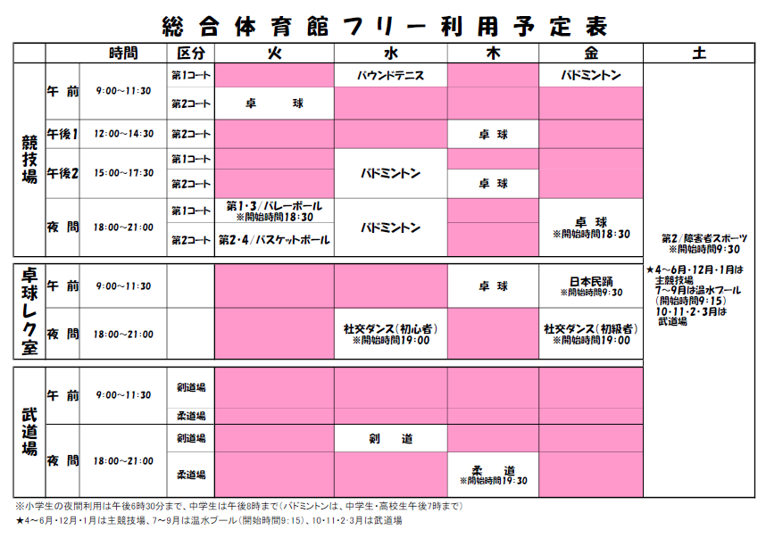 総合体育館フリー利用予定表